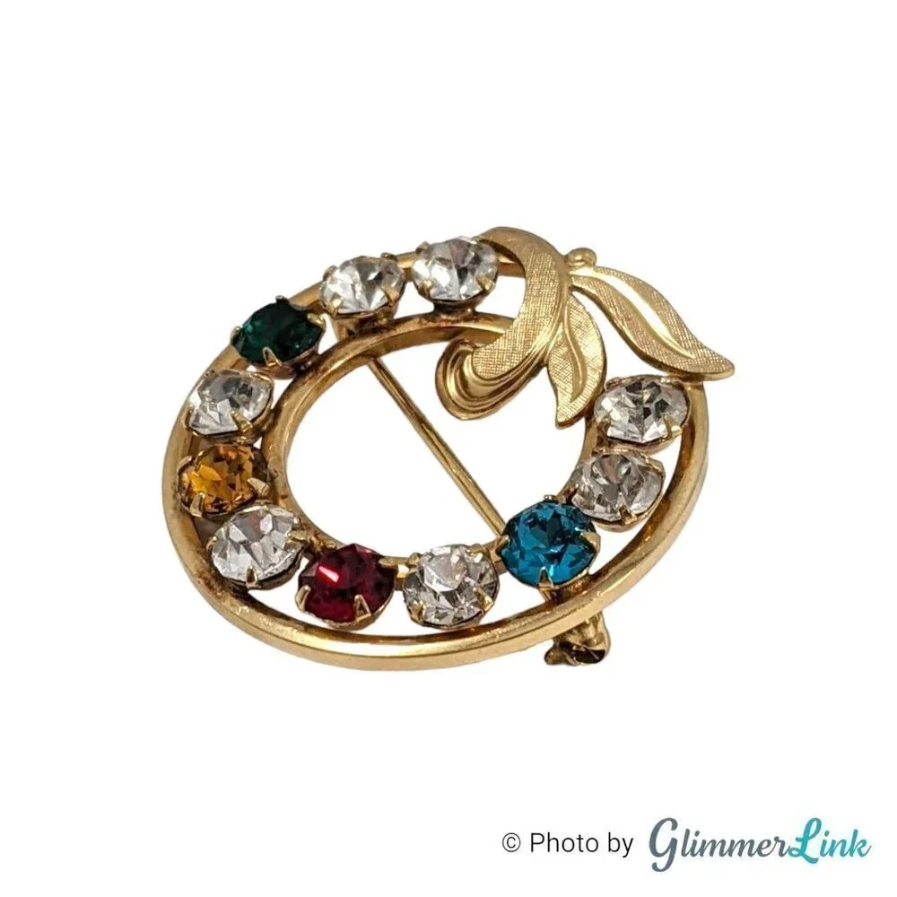 Vintage Van Dell Mid-Century Multicolor Rhinestone Wreath Gold Filled Brooch Pin